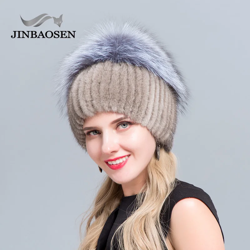 JINBAOSEN Women\'s Winter Mink Fur Hat Real Silver Fox Fur Warm Ski Cap Natural Fur Knit Fur Cap Brand Fashion Style