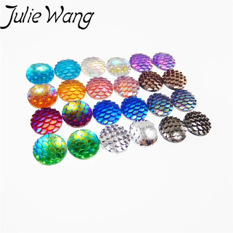 Julie Wang 100pcs/pack Mixed 12MM Resin Mermaid Fish Scale Round Resin Patch Little Girl's Fairy Tale World Romantic Jewelry