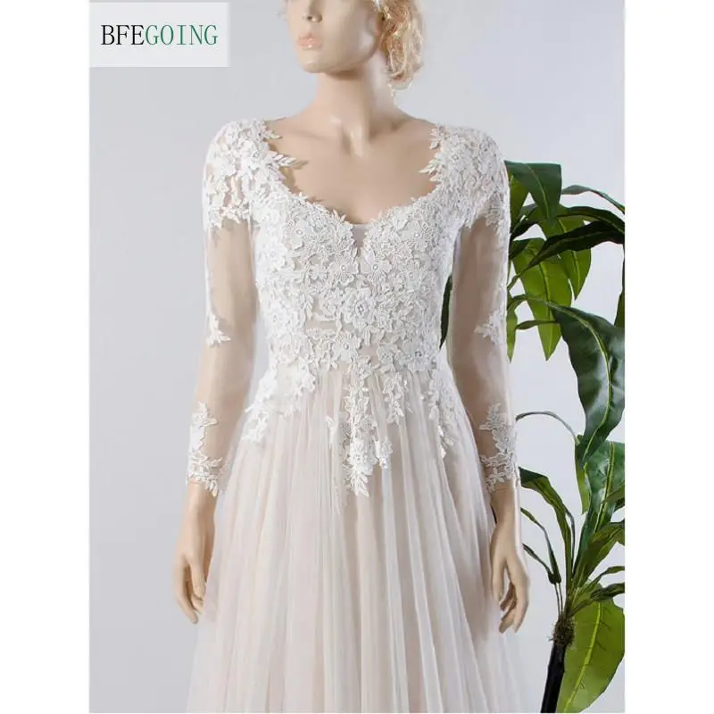 Ivory Lace Tulle Lange Mouwen Floor-Lengte V-hals A-lijn Trouwjurk Hof Trein Custom made