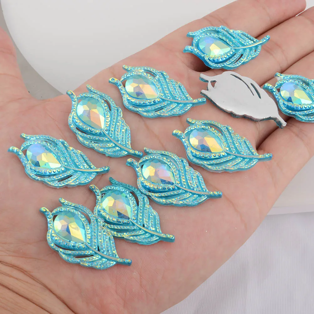 BOLIAO 10Pcs 20*38mm( 0.79in*1.5in ) Peacock Leaf Resin Shining Light Blue Crystal Flatback No Hole Glue Home Holiday Decoration