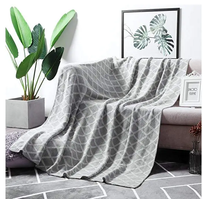 MoMA 100% Cotton Light Grey Cable Knit Throw Blanket for Couch Bed Sofa Chair, Gray White Stripe Reversible Decorative Knitted B