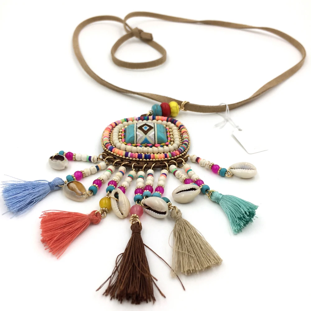 New Leather cord Bohemia Necklace Jewelry Thread Tassel Summer Boho chic Necklace long Fringe Pendants Necklaces