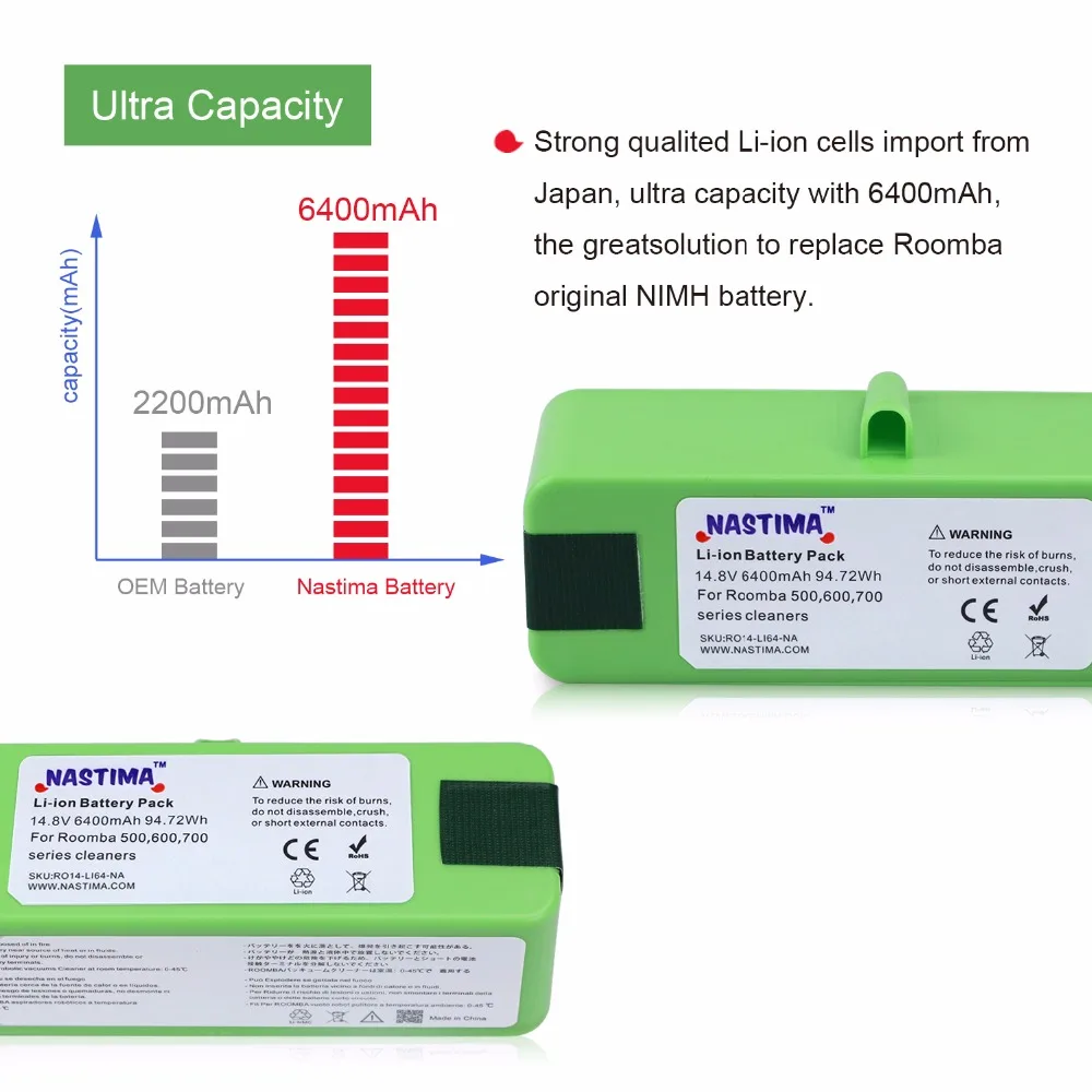 Akumulator litowy NASTIMA 14,8 V 6400 mAh/4400 mAh do iRobot Roomba 500 600 700 800 Series 560 620 650 700 770 780 880
