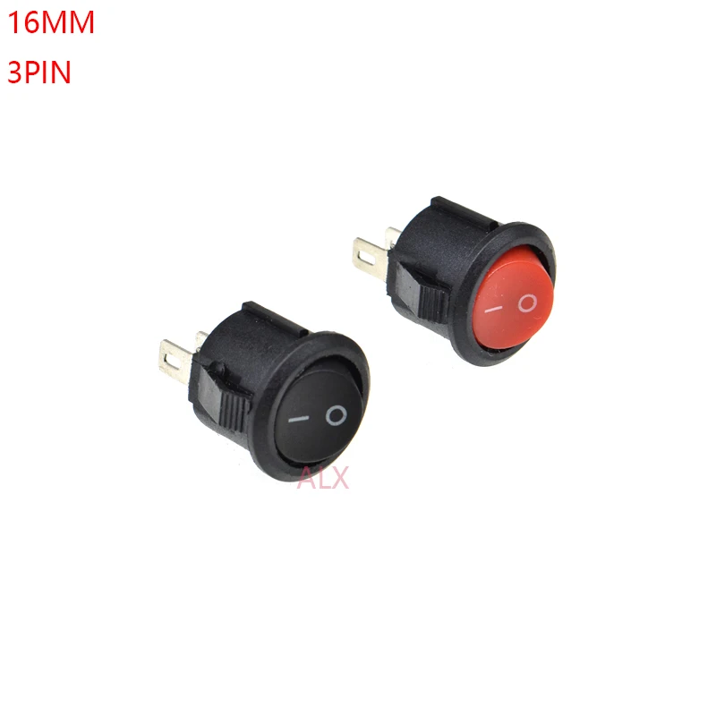 10PCS 15MM 16MM Diameter 3PIN RED black MINI ROUND Push Button rocker Switch ON/OFF   power switches 3A/250V 6A/125V