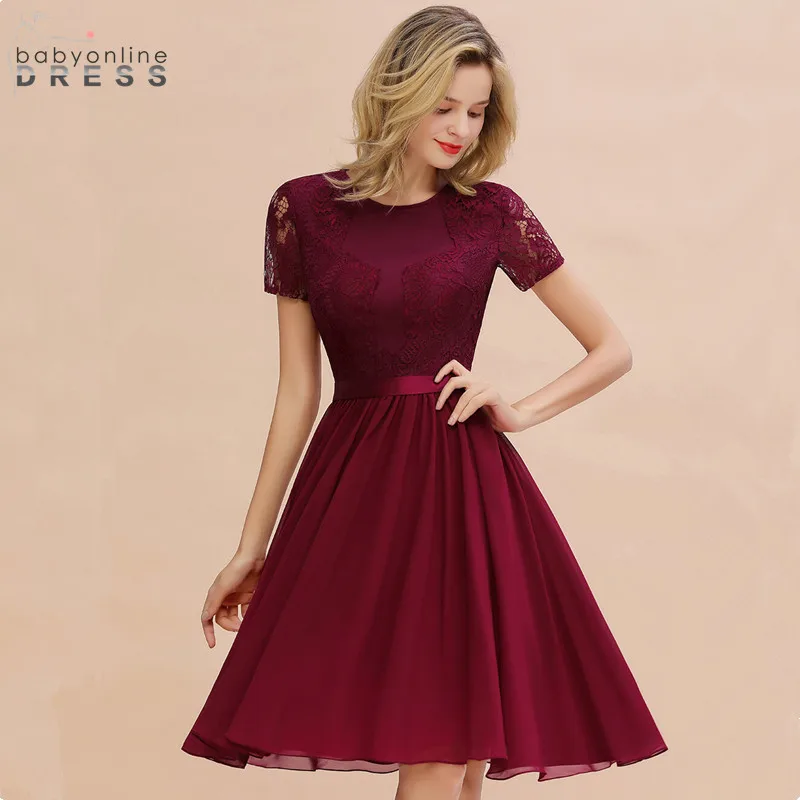 

Robe de Soiree Courte Chic Burgundy Lace Short Evening Dress Elegant A Line Short Sleeve Evening Gowns Vestido de Festa