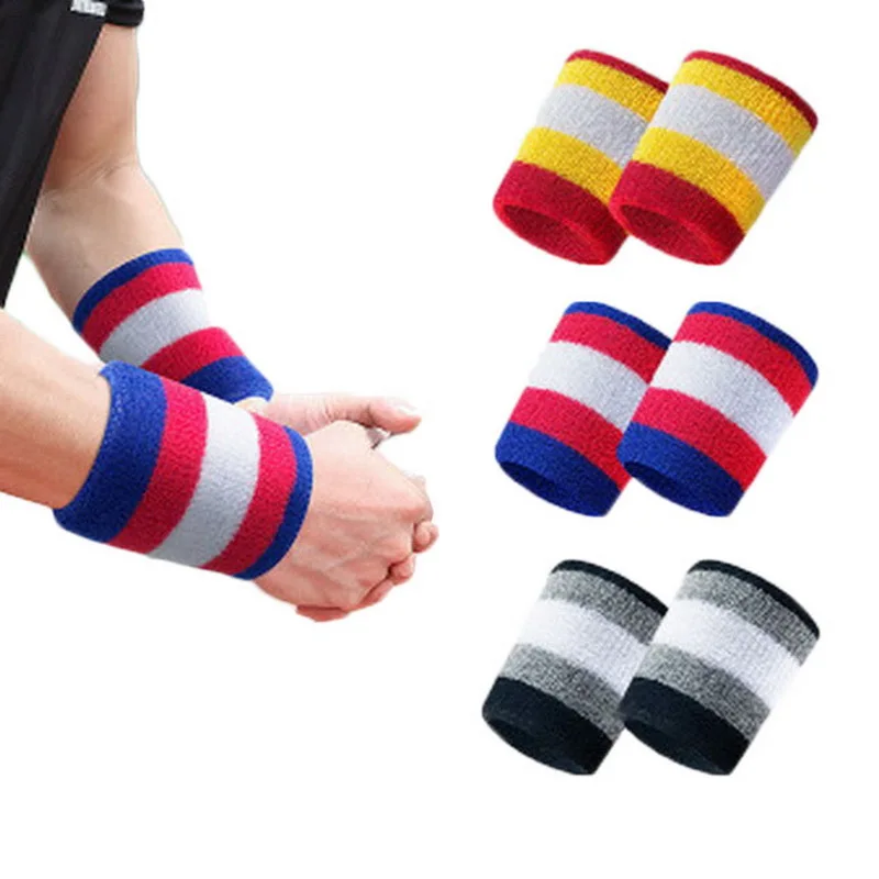 2Pcs 8*8 cm Striped Wrist Sweat Band Sport Wristband Men\'s Sweatband Basketball Tennis Wrist Guards Brace Support Protector Gym