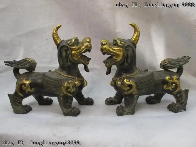 32CM A Pair China Classical Bronze Gilt Folk Feng Shui Evil Fu Foo Dog Lion beast kylin