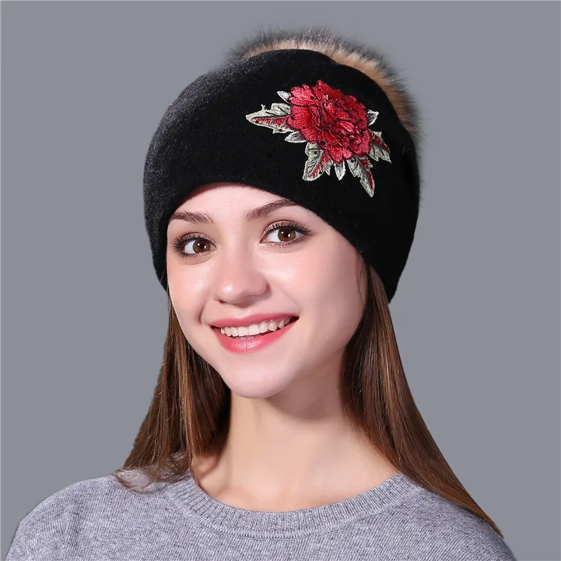 Xthree winter hat for women wool knitted hat Female beanie cap embroidery real mink fur pom pom girl Skullie hat