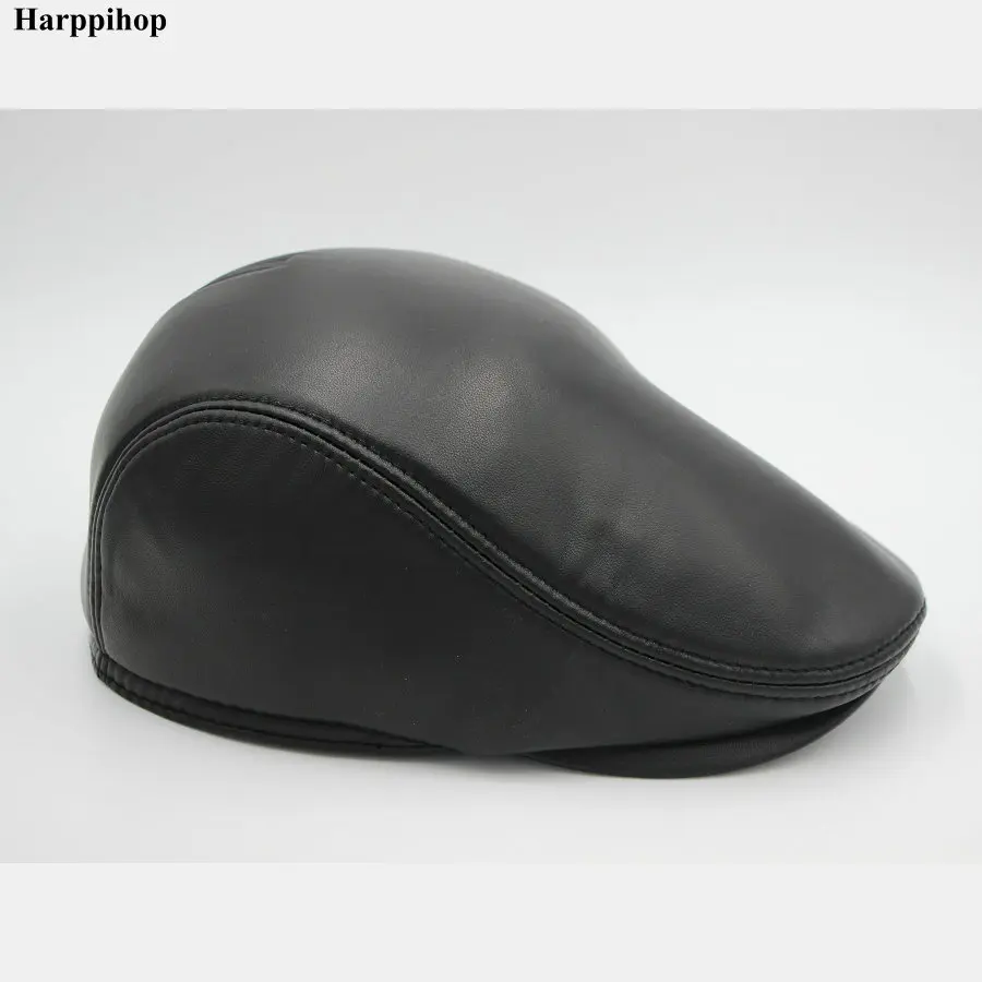 Fashion European Style Genuine Leather Caps Beret Man Casual Sheepskin leather Black/Brown Fitted Duckbill Hats Male Boina
