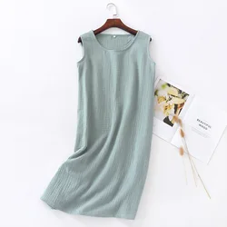 Summer Cotton Crepe Night Dress Sleeveless Ladies Wear Loose Women Sleepwear Solid Sexy Nightwear Home Sleepshirts Vest Skirts