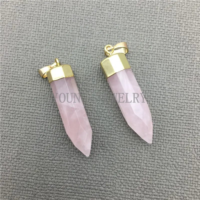 

10PCS Pure Gold Color Plated Natural Rose Quartzs Pink Crystal Bullet Point Necklace Pendant MY0330