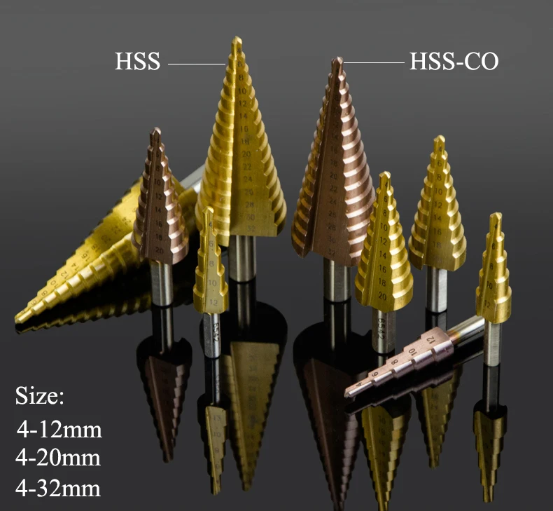 4-12Mm 4-20Mm 4-32Mm HSS Phủ Titan Kim Loại Gỗ Lỗ Cắt Thấy thẳng Sáo Chùa Tam Giác Hình Nón Bước Mũi
