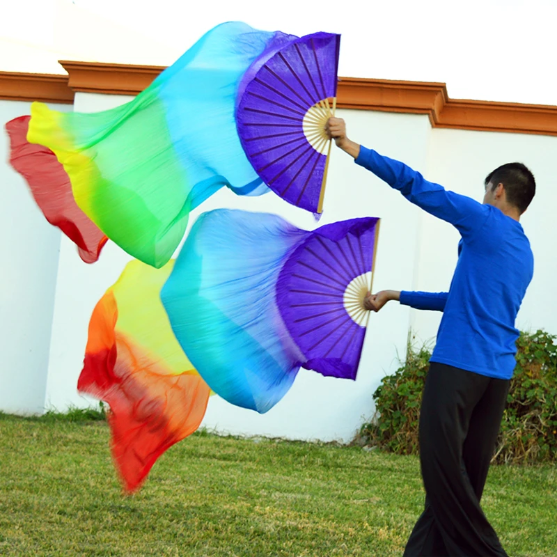 1 Pair (Left+Right Hand) Natural Silk Belly Dance Fans 3 Colors Handmade Hand Dyed Silk Veils Dance Fans 150/180x90cm For Adults