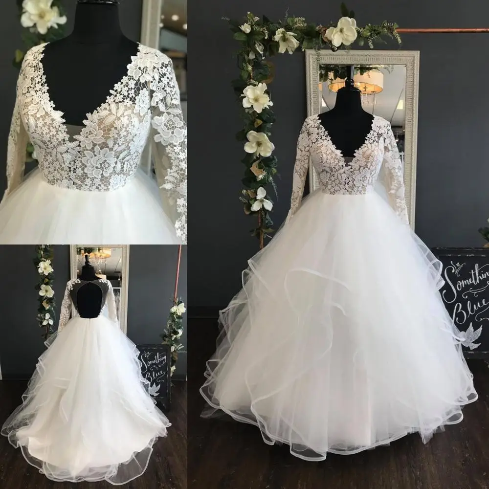 2019 Garden Wedding Dresses Ball Gown Long Sleeves Ruffles Skirt Bridal Gown V Neck Open Back robe de soiree Plus Size Maternity