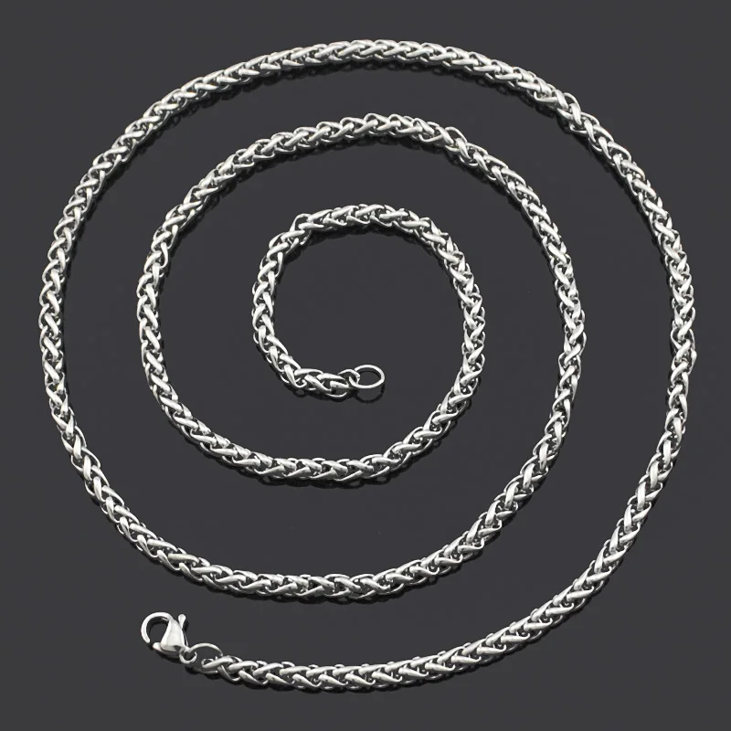 ATGO (40-70cm) to choose, 3mm wide,Men Necklace Stainless Steel Jewelry High Quanlity Braided Link Wheat Chain Necklace Women