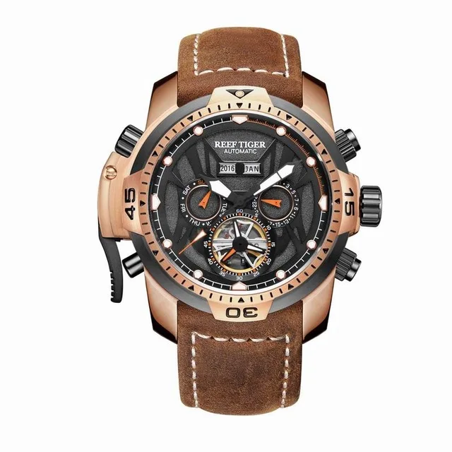 Reef Tiger Aurora Serier RGA3532 Men Sport With Year Month Date Day Calendar Dial Automatic Mechanical Wrist Watch With Leather
