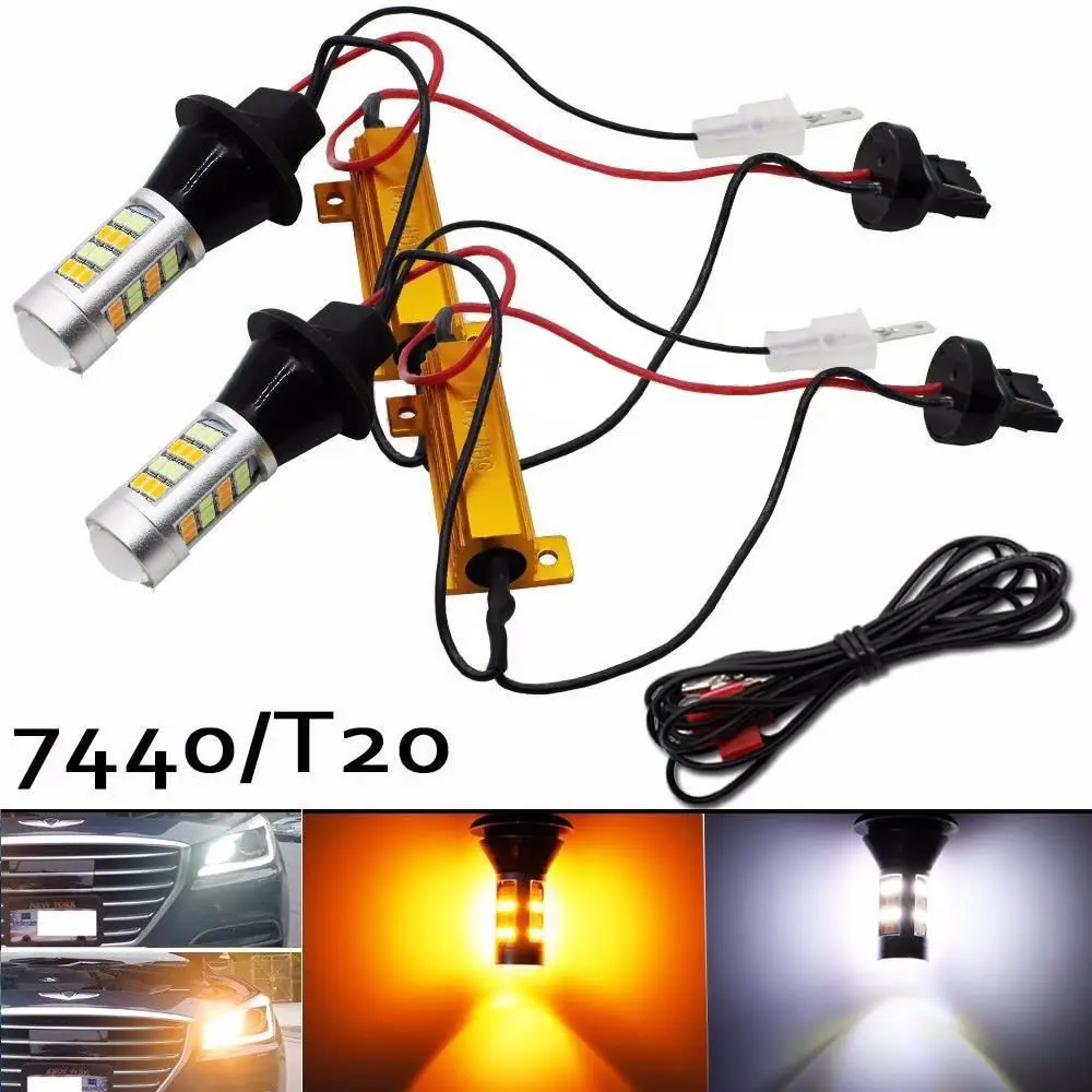 2Pcs 7440 42SMD T20 2835 LED Lights Car Dual Color Car Switchback Reverse Turn Signal/daytime running light/Turning Lights