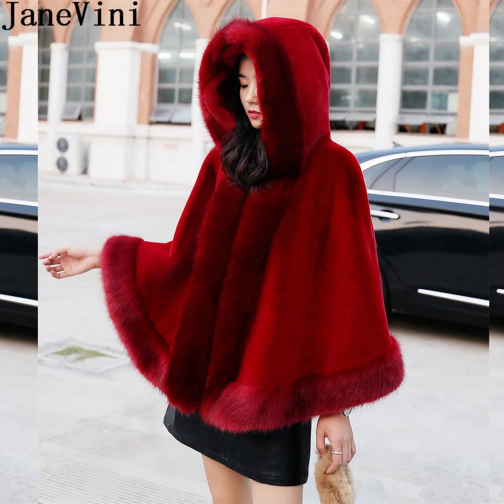 JaneVini New Hooded Short Fur Wrap Women Burgundy Bridal Shawl Faux Fur Bolero Black Party Wedding Coat with Hat Cape Chal Boda