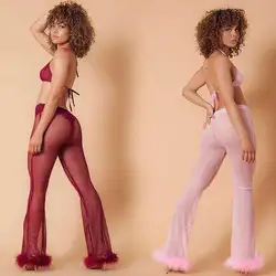 2023 Sexy Women Sheer Mesh Wide Leg Pants See Through Transparent Faux Fur Trim Pants High Waist Full Night Club Wear Trousers