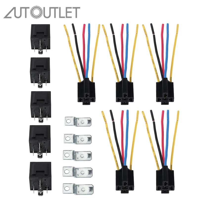 AUTOUTLET 5 Pair 12V 12 Volt DC 40A AMP Relay & Socket SPDT 5Pin 5 Wire For Car Auto Truck With 40 A relay & Socket Wire