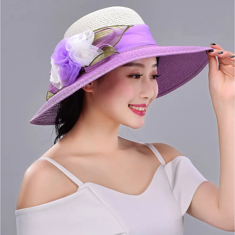 

New Sun Hat Wide Brim Female All-match Folding Beach Sun Hat Students Foldable Sunscreen Sun Cap Girls Travel Straw Cap B-7700