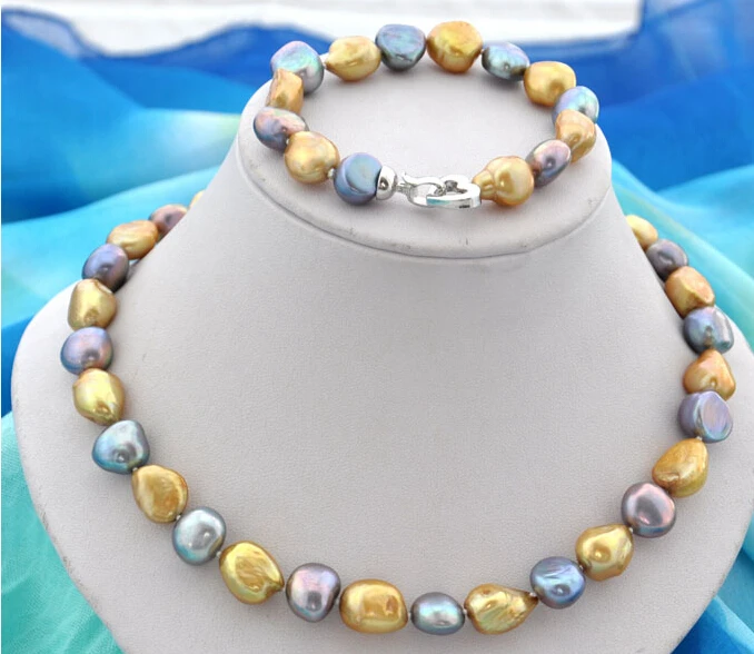 Women Jewelry Set 10mm Bright Gold Blue Gray Mixed real pearl Choker necklace Bracelet highlight Natural Freshwater pearl