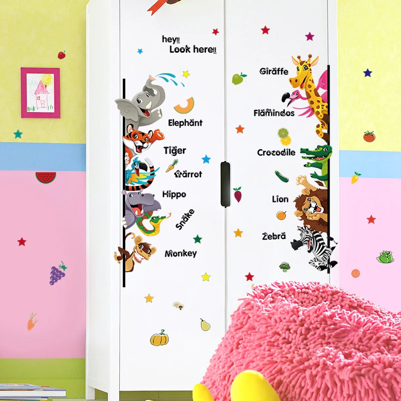 Cartoon Animals English Wall Stickers For Kids Children Room Home Decor Wallpaper Kindergarten Interesting Decoration Art Decals