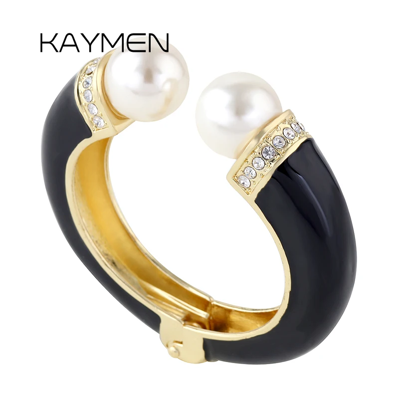 KAYMEN New Fashion Women 9 Colors Double Imitation Pearls and Rhinestones Enamels Bracelet Statement Bangle BR-03155 wholesale
