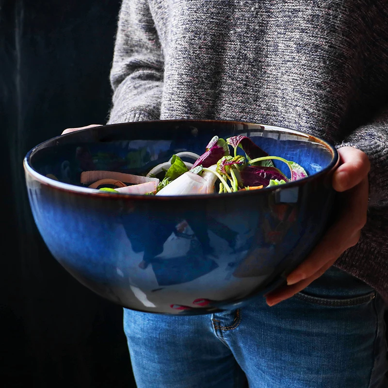 KINGLANG 2400ml Ceramic Deep Blue Salad Bowl Porcelain Dropping Bowl Wholesale Deep Bowl Capacity Bowl Tableware