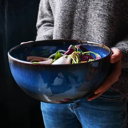 KINGLANG 2400ml Ceramic Deep Blue  Salad Bowl Porcelain Dropping Bowl Wholesale Deep Bowl Capacity Bowl Tableware