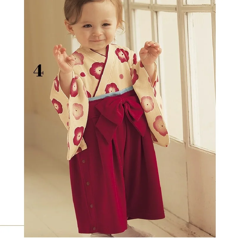 Flower Red Girl\'s kimono rompers 100% cotton sakura Long Sleeve jumpsuit body suit baby girl clothes outfits Cherry blossoms