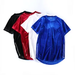 Men's Velvet T-Shirt Harajuku Oversized Tee Top Side Zipper Hip-hop T shirt for Men Red/Blue/Black Short-Sleeve Velour TShirts