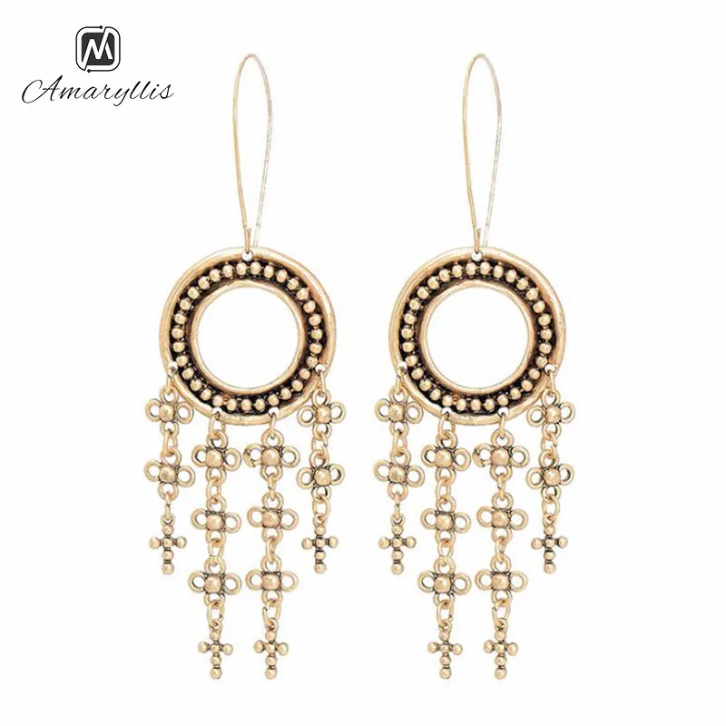 Amaiyllis Vintage Flower Pattern Statement Earrings For Women Chunky Hollow Round Circle Pendant Drop Earrings Tassel Earrings