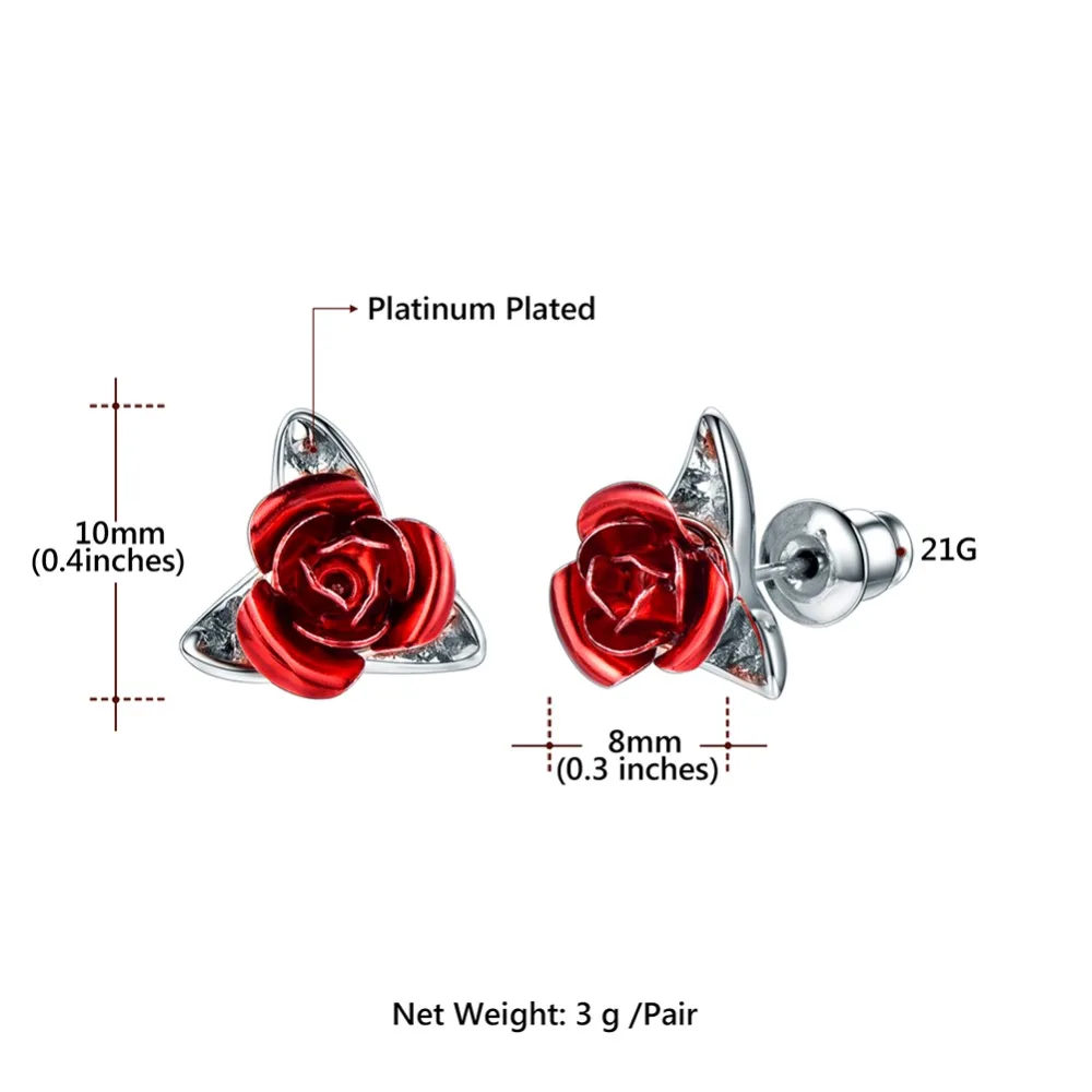 U7 Cute Red Rose Metal Flowers Stud Earring For Women Lady Romantic Gift Brincos Wedding Earrings Party Jewelry E1014