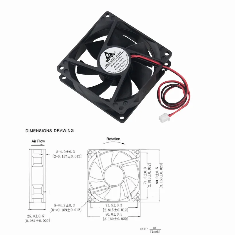 Gdstime 100 Pieces 2Pin 80mm x 25mm DC 24V 8cm Brushless Cooler Dual Ball PC Case CPU Cooling Fan 80x80x25mm 8025 80mm*80mm*25mm