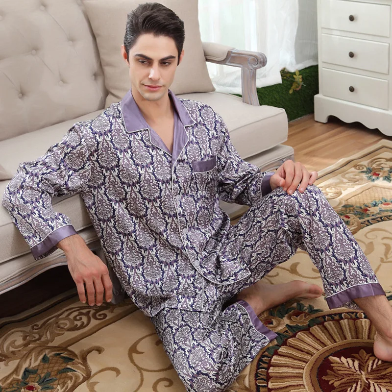 Men\'s Silk Sleepwear Long Sleeve Adult Silk Pyjamas Mens Pajama Sleepwear Set Loungewear Plus Striped Print Plus Size D-2165