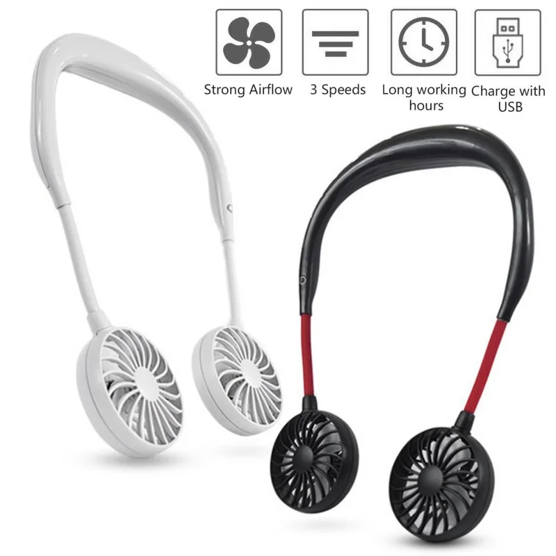 USB Rechargeable Wearable Portable Hand Free Neckband Fan Personal Mini Neck Double Fan 3 Speed Adjustable for Home Office