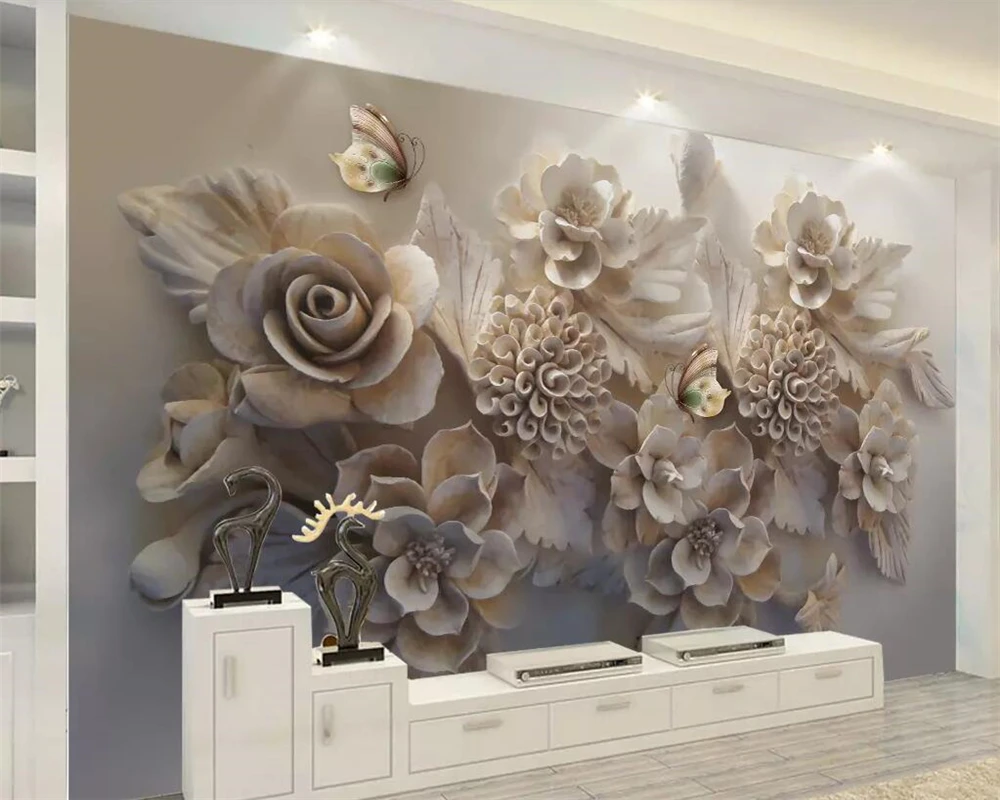 

Custom wallpaper living room bedroom 3d wallpaper beautiful three-dimensional relief 3D flower butterfly TV background