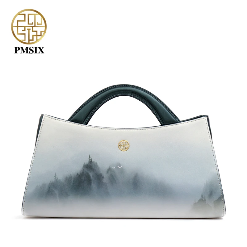 PMSIX 2020 Ink Style Cow Leather Women Handbags Fashion Light color Shoulder Bag Designer Half moon Tote Elegant Banquet bag