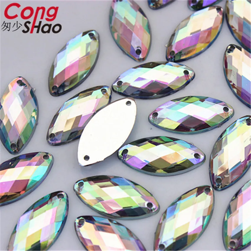 Cong Shao 100pcs 9*18 mm Colorful Horse eye shape Acrylic Rhinestones stones crystals flatback sewing 2 Hole Wedding Dress ZZ602