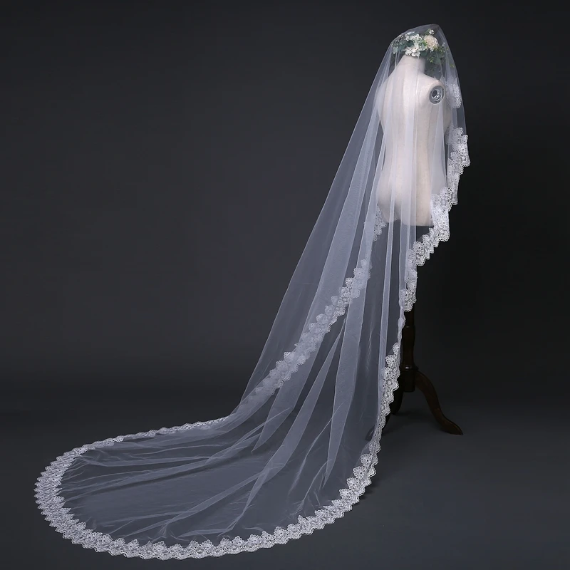 Voile de mariage cathédrale blanc, long bord en dentelle, voile de patients avec peigne, accessoires de mariage, mantille de mariée, 3 m, 2025