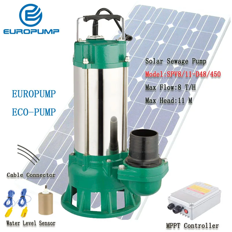 

EUROPUMP Solar Pump DC solar Sewage pumps Max flow 8000 L/H Lift 11M solar Slush pump MODEL(SPV8/11-D48/450)