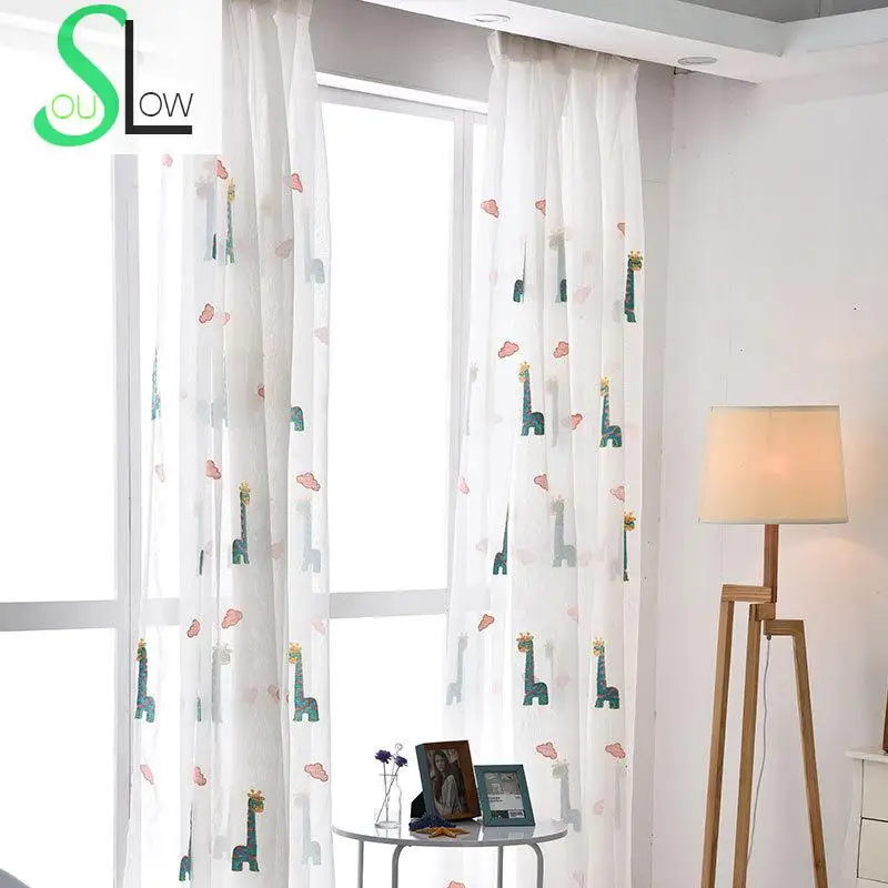 Slow Soul Giraffe Deer Pattern Cotton Gauze Children Room Baby Curtains For Living Curtain Tulle Bedroom Sheers White Drapes