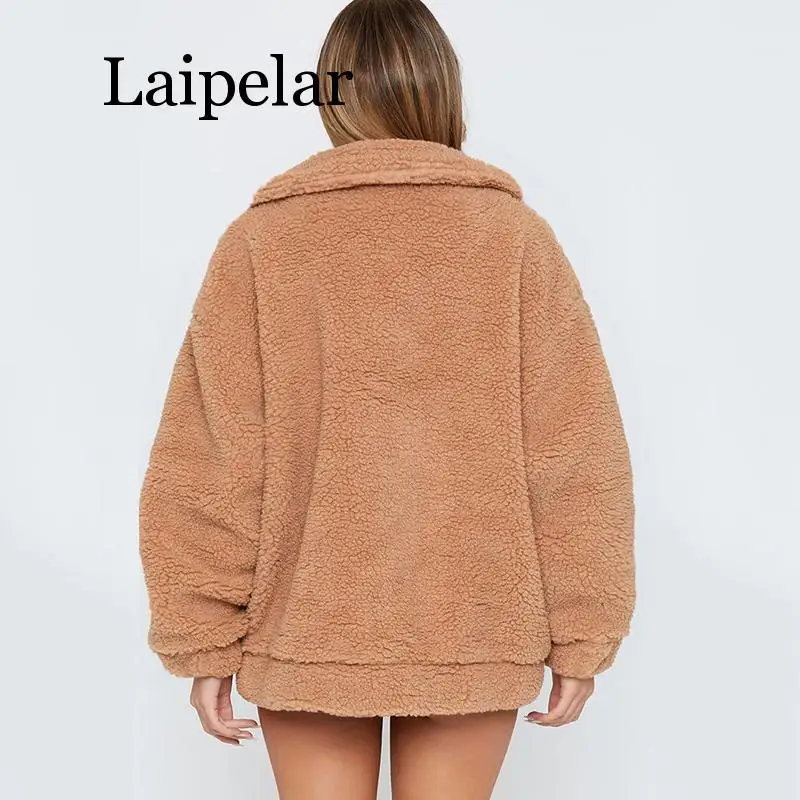 Laipelar Women Faux Fur Jacket Fluffy Teddy Bear Fleece Fake Fur Coat Zip Pocket Long Sleeve Casual Streetwear Winter Femme