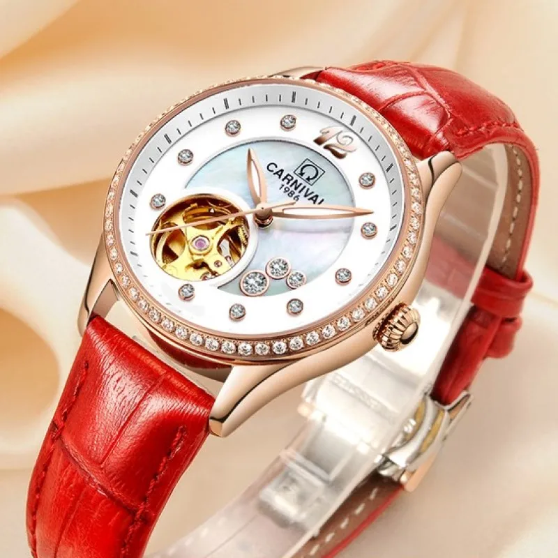 Fashion Tourbillon Women Watch CARNIVAL Luxury MIYOTA Automatic Watch Women Sapphire Genuive leather strap Luminous Montre femme