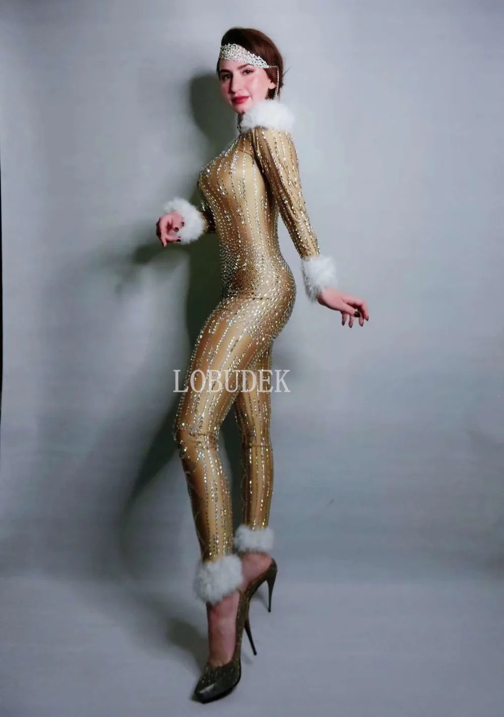 Luxury Rhinestones Chains Plush Sleeve Jumpsuit for Women Birthday Evening Party Celebrate Outfit Singer Stage Costume