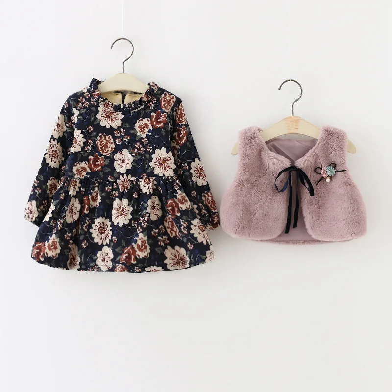 Baby girl print dresses  kids winter dresses baby dress Shear plush kids frocks girl casual dress