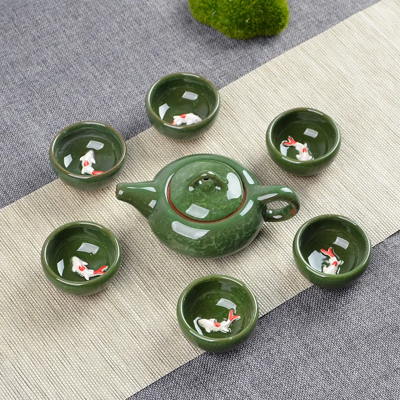 Crack glaze 3D fish Kung Fu Tea Set,Ceramic Tea Sets,TeaCup,ChineseTravel Teapot, Drinkware Coffee&Tea Sets , Binglie Teacups