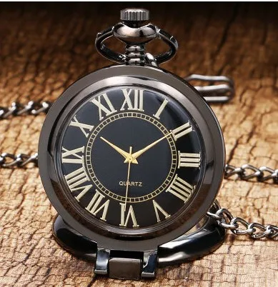 Vintage Charm Black Unisex Fashion Roman Number Quartz Steampunk Pocket Watch Women Man Necklace Pendant with Chain Gifts P8789