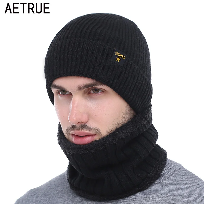 AETRUE Brand Winter Hat Knitted Hat Scarf Skullies Beanies Men Winter Beanies For Men Women Gorras Wool Bonnet Mask Male Hat Cap